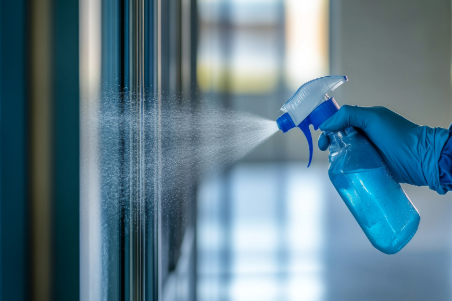 A cleaning professional thoroughly disinfecting a high-touch surface maintaining a germ-free workplace