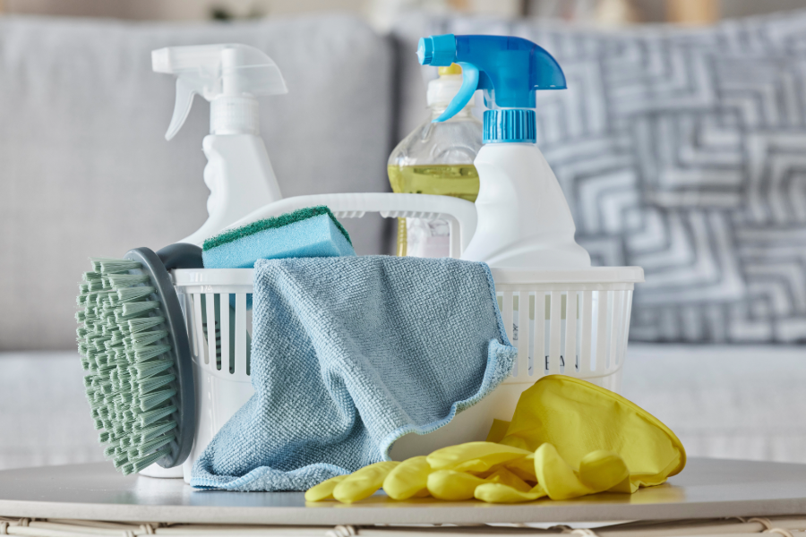 A well-organized display of effective cleaning products (e.g., disinfectants, eco-friendly options) for effective germ control in commercial spaces